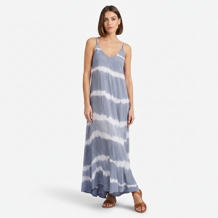 VALERIQUE | Femme Robe Maxi Décontractée Tie-Dye en Mélange de Coton Bleu et Gris, Bretelles Fines, Col en V Profond