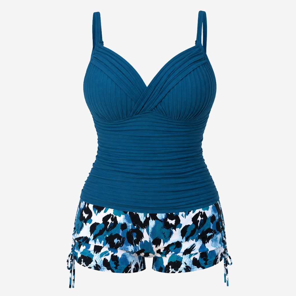 VALERIQUE | Ensemble Tankini Femme – Haut Gainant Froncé avec Bas Shorty Imprimé
