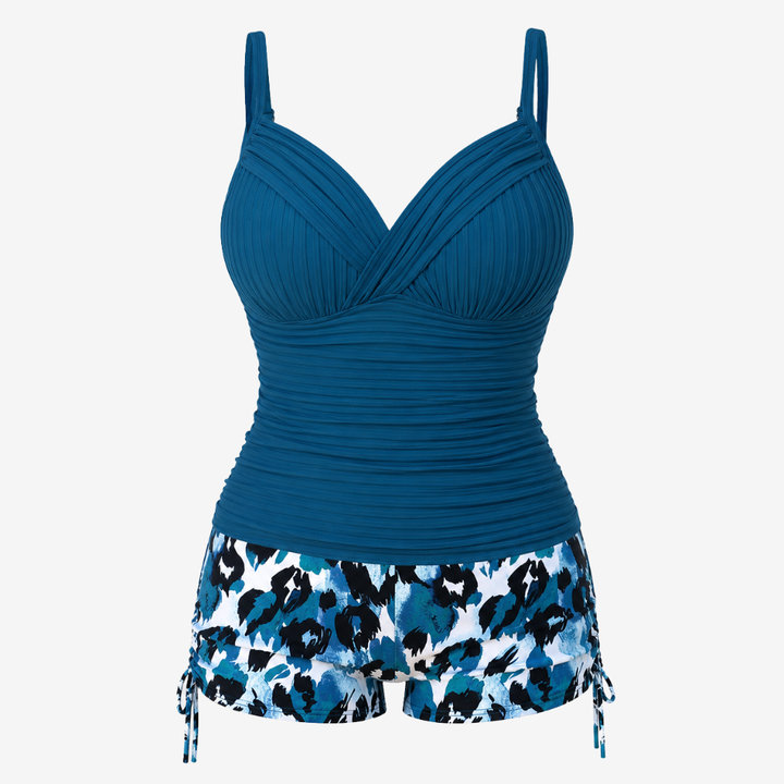 VALERIQUE | Ensemble Tankini Femme – Haut Gainant Froncé avec Bas Shorty Imprimé