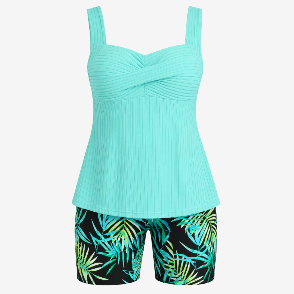 VALERIQUE | Ensemble Tankini Femme – Haut Côtelé Twist Front et Short Imprimé Tropical