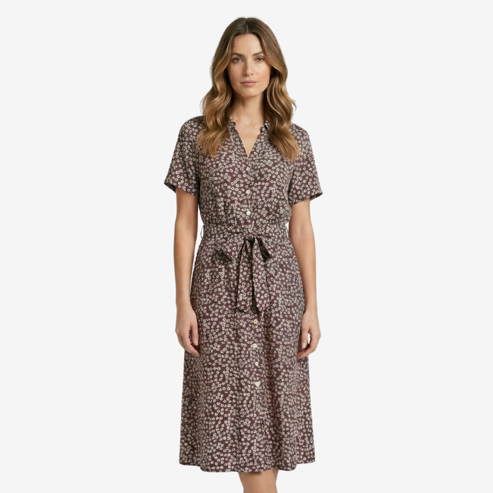 VALERIQUE | Femme Robe midi imprimé floral coupe évasée manches courtes style décontracté