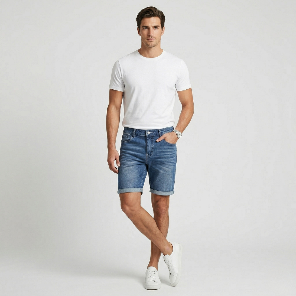 VALERIQUE | Homme short en jean bleu avec ourlets retroussés coupe ajustée pour usage quotidien