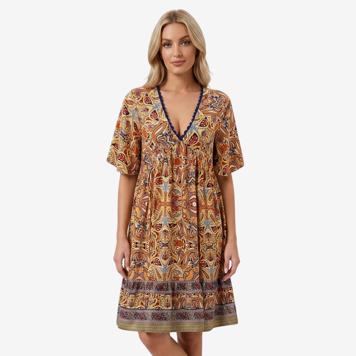 VALERIQUE | Femme Robe Boho Décontractée en Mélange de Coton Bleu et Jaune, Manches Courtes, Col en V Profond
