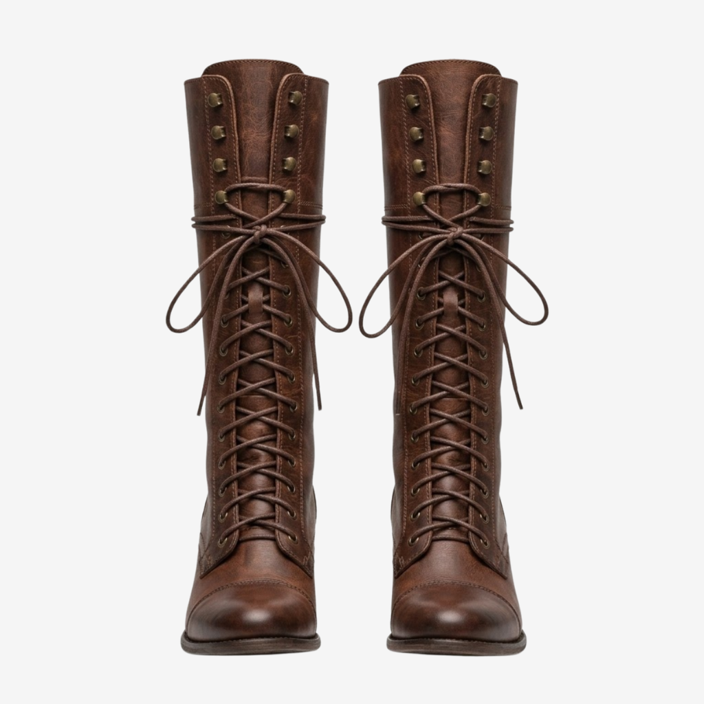 VALERIQUE | Femme bottes hautes café à lacets avec talon bloc et bout rond