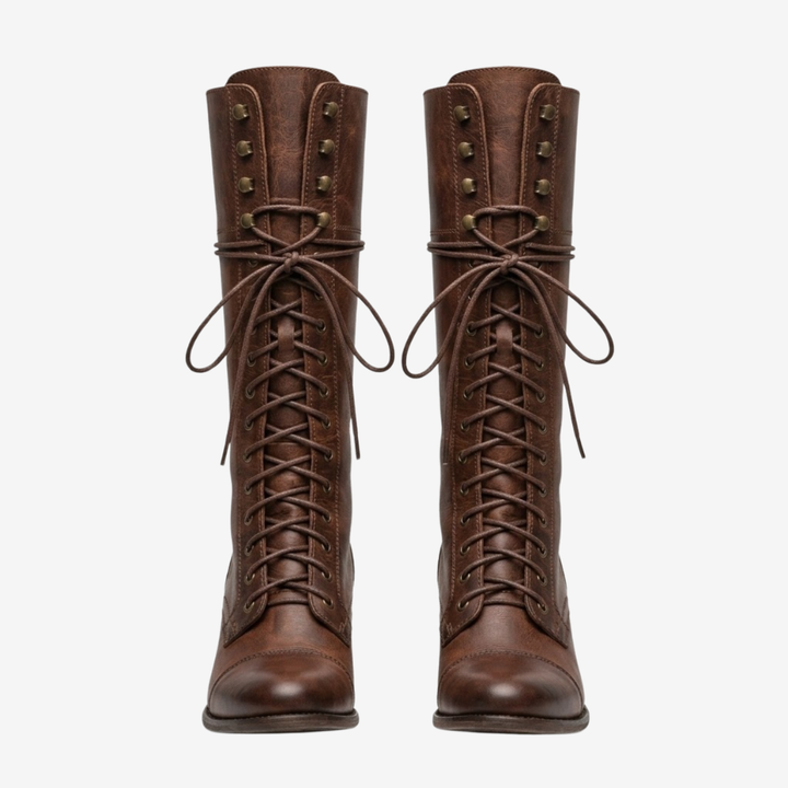 VALERIQUE | Femme bottes hautes café à lacets avec talon bloc et bout rond