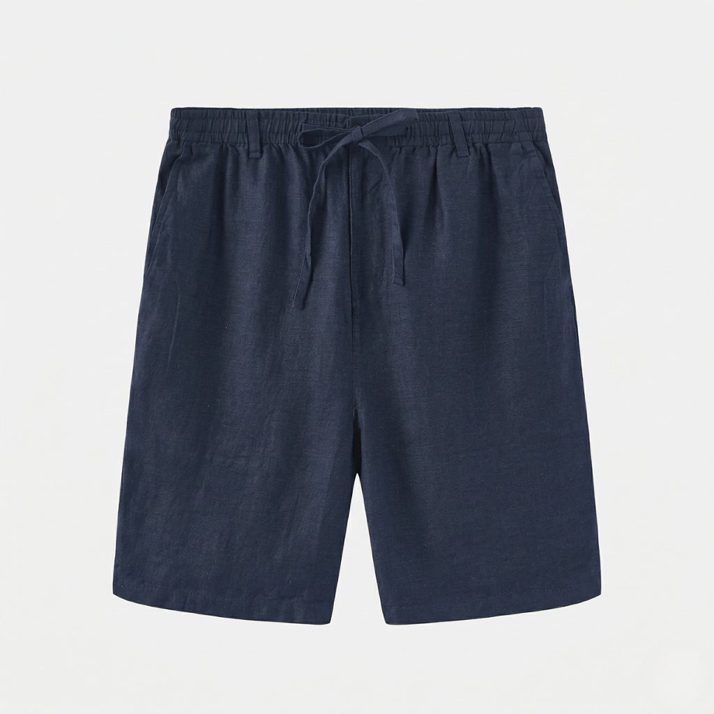 VALERIQUE | Homme short en lin bleu marine à taille élastiquée avec cordon coupe décontractée pour usage quotidien