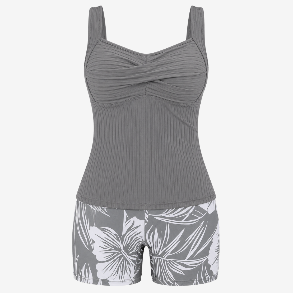 VALERIQUE | Ensemble Tankini Femme – Haut Côtelé Twist Front avec Short de Bain Imprimé Tropical