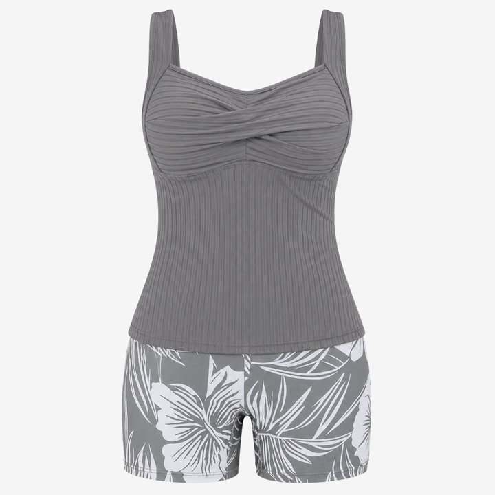 VALERIQUE | Ensemble Tankini Femme – Haut Côtelé Twist Front avec Short de Bain Imprimé Tropical