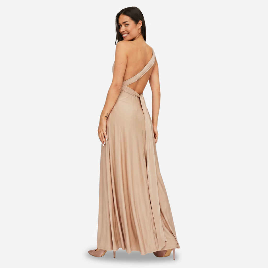 VALERIQUE | Femme Robe Longue Asymétrique pour Femme - Rose Poudré et Beige