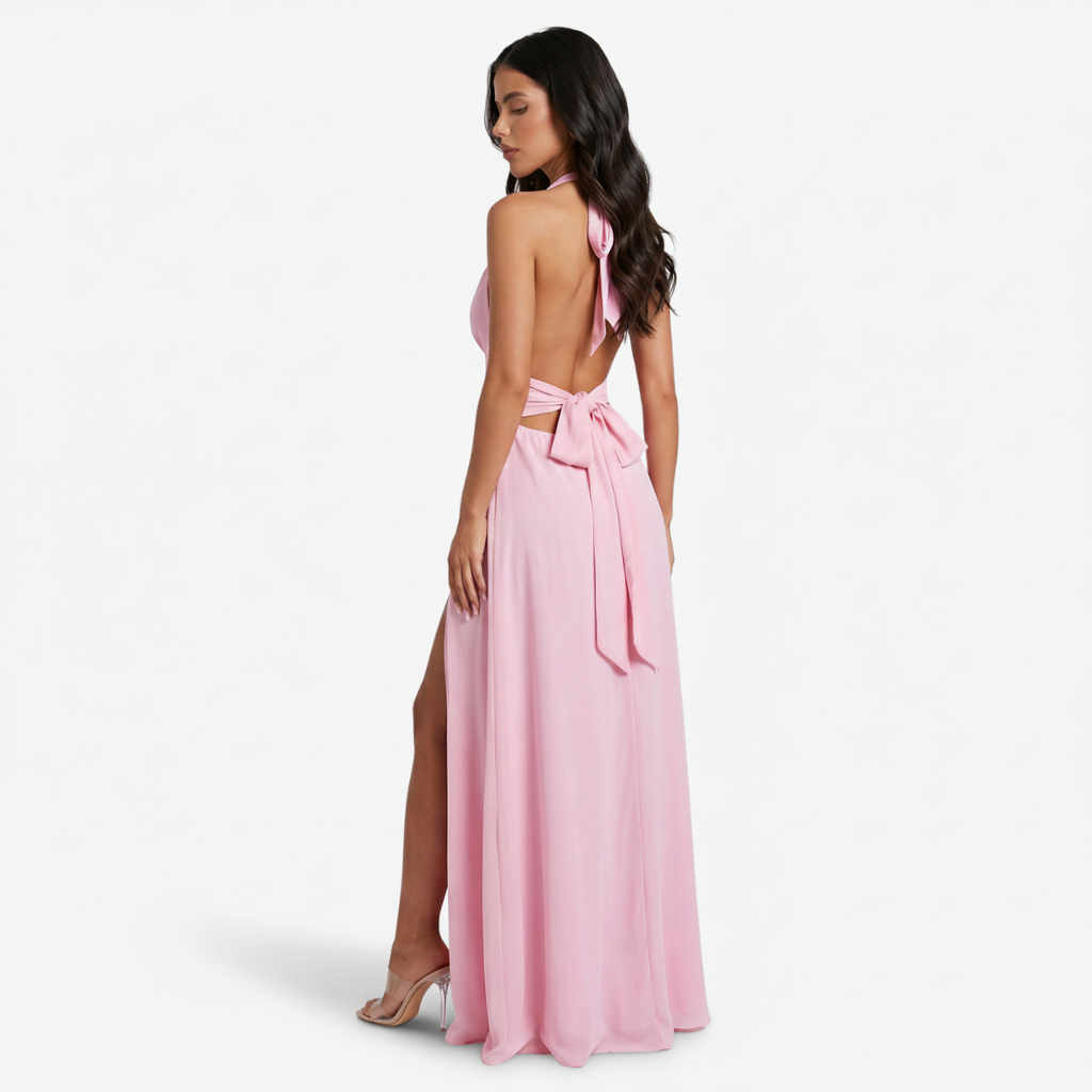 VALERIQUE | Femme Robe Longue Formelle en Mélange de Coton Blanc, Rose et Noir, Décolleté Plongeant, Bretelles Halter