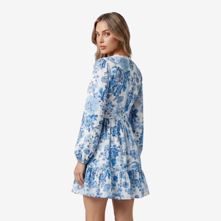 VALERIQUE | Femme Robe Florale Décontractée en Mélange de Coton Rose et Bleu, Manches Longues, Col en V Profond