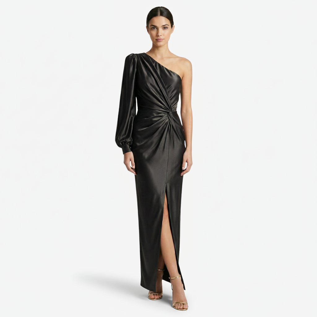 VALERIQUE | Femme Robe longue asymétrique manche longue coupe ajustée détail drapé style fluide