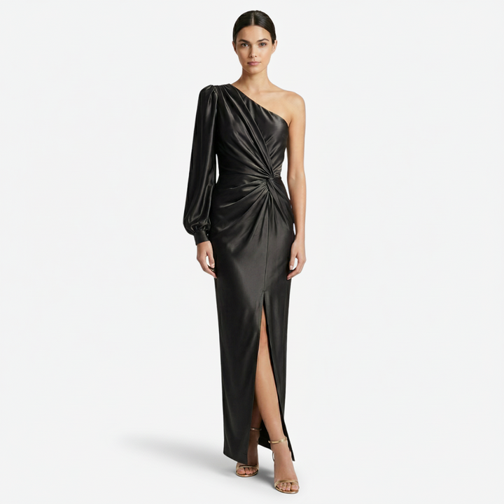 VALERIQUE | Femme Robe longue asymétrique manche longue coupe ajustée détail drapé style fluide