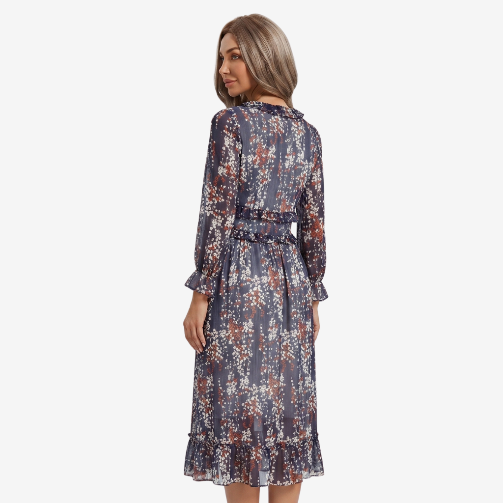 VALERIQUE | Femme Robe Longue Décontractée en Mélange de Coton Bleu et Blanc, Manches Longues, Col en V Profond