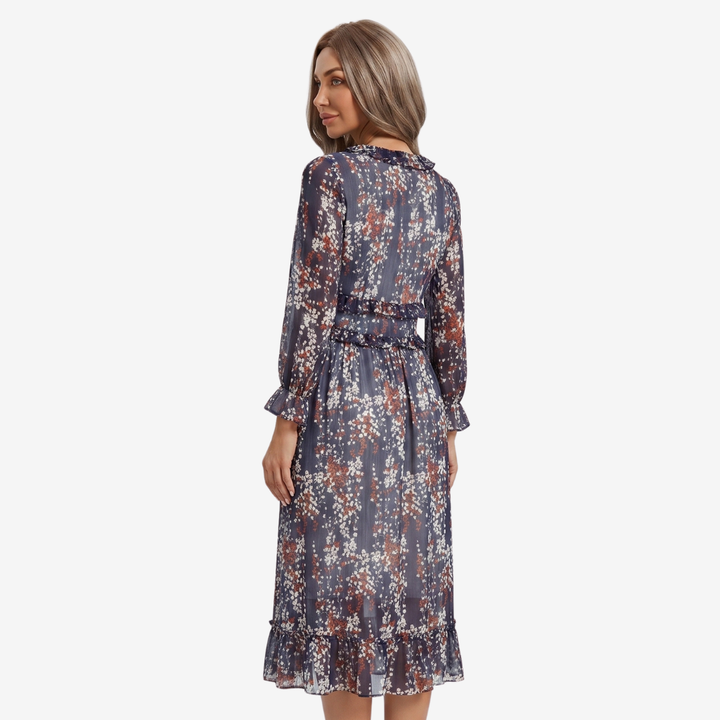 VALERIQUE | Femme Robe Longue Décontractée en Mélange de Coton Bleu et Blanc, Manches Longues, Col en V Profond