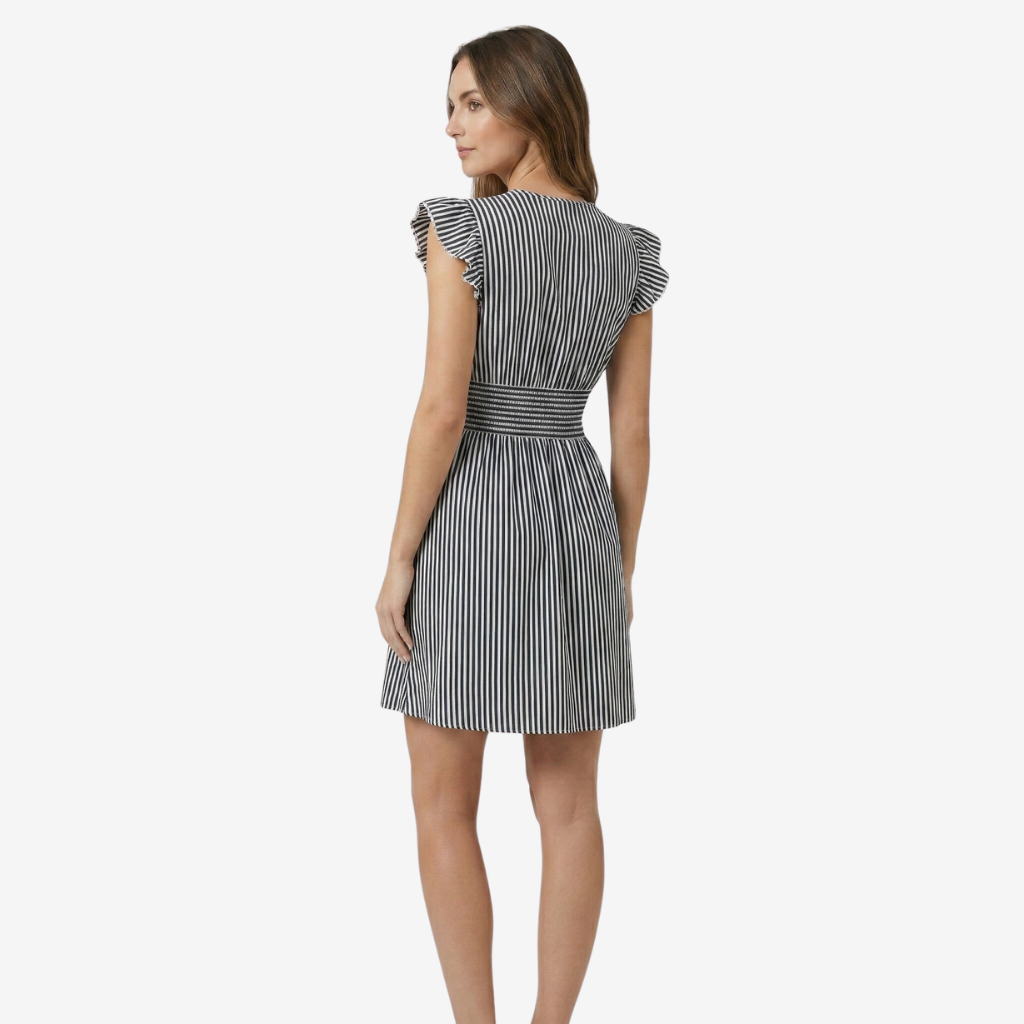 VALERIQUE | Femme Robe Décontractée à Rayures en Mélange de Coton, Col en V Profond, Manches Volantées