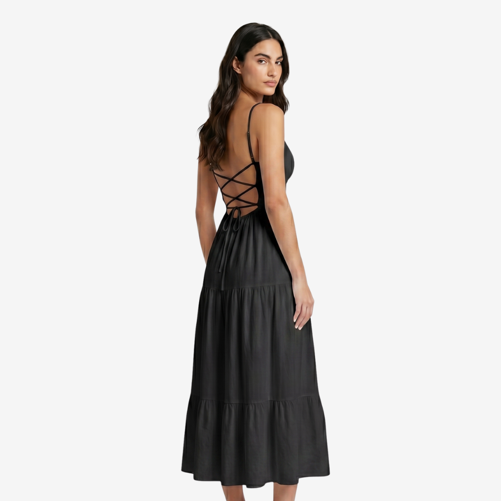 VALERIQUE | Femme Robe Maxi Décontractée en Mélange de Coton Blanc et Noir, Bretelles Fines, Col en V Profond