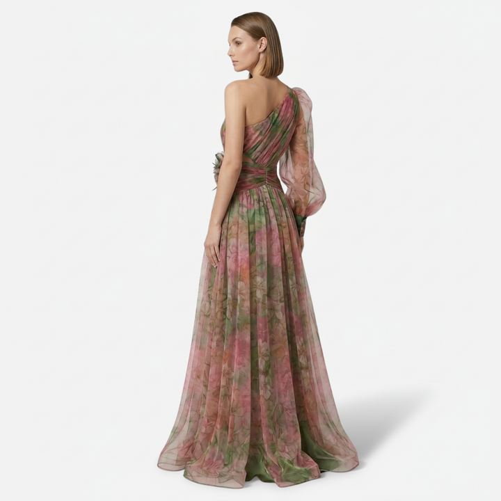 VALERIQUE | Femme Robe longue asymétrique coupe ajustée une manche détail drapé style fluide