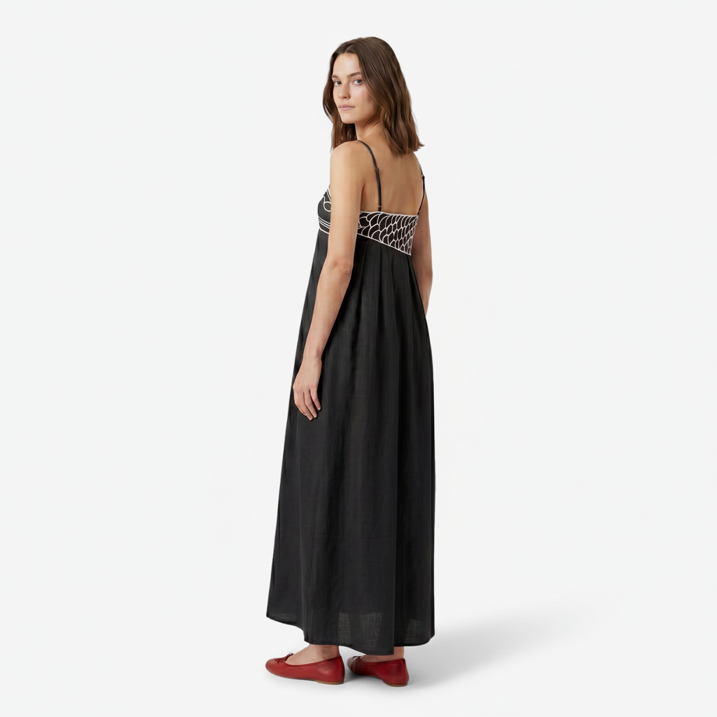 VALERIQUE | Femme Robe Maxi Décontractée en Mélange de Coton Rouge et Noir, Imprimé Poisson Blanc, Bretelles Ajustables