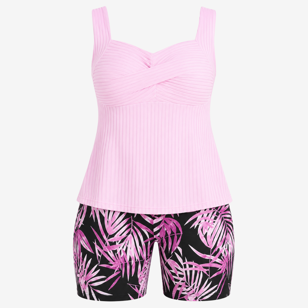 VALERIQUE | Ensemble Tankini Femme – Haut Côtelé Twist Front et Short Imprimé Tropical