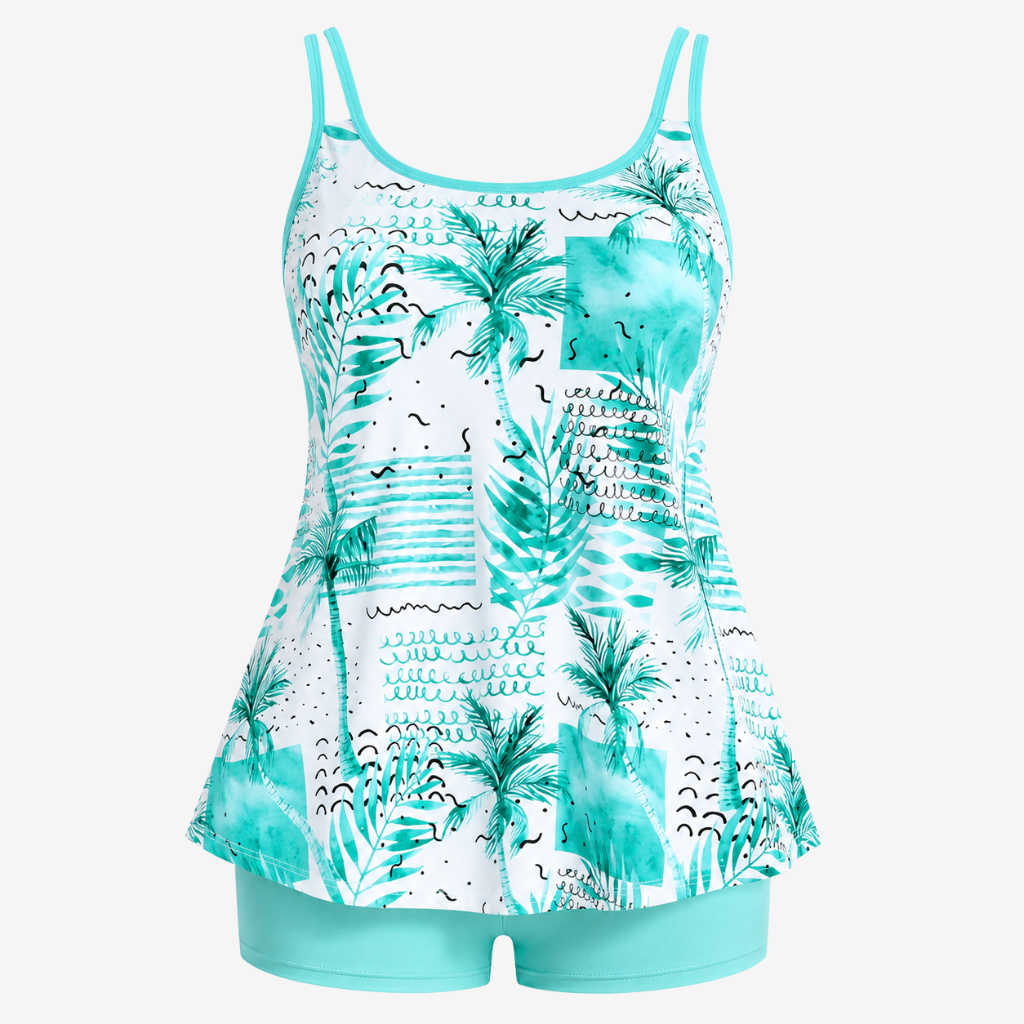 VALERIQUE | Ensemble Tankini Imprimé Femme – Haut Col Rond et Shorty de Bain