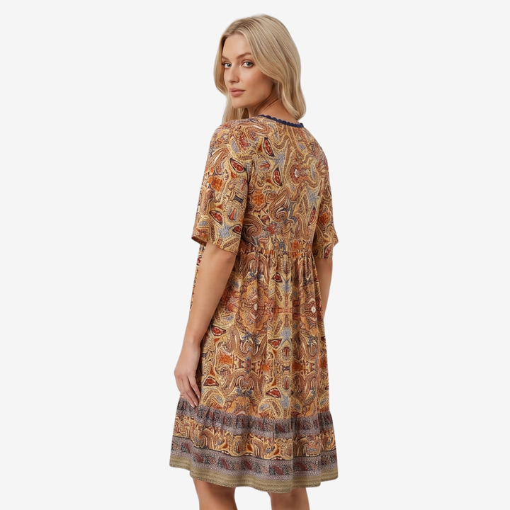 VALERIQUE | Femme Robe Boho Décontractée en Mélange de Coton Bleu et Jaune, Manches Courtes, Col en V Profond
