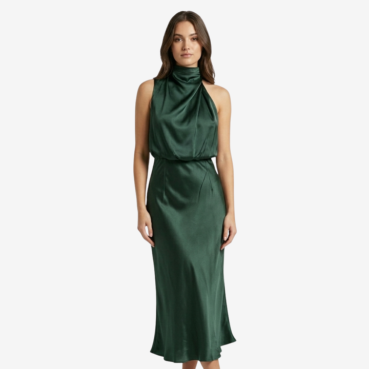 VALERIQUE | Femme Robe midi sans manches coupe ajustée col drapé style fluide