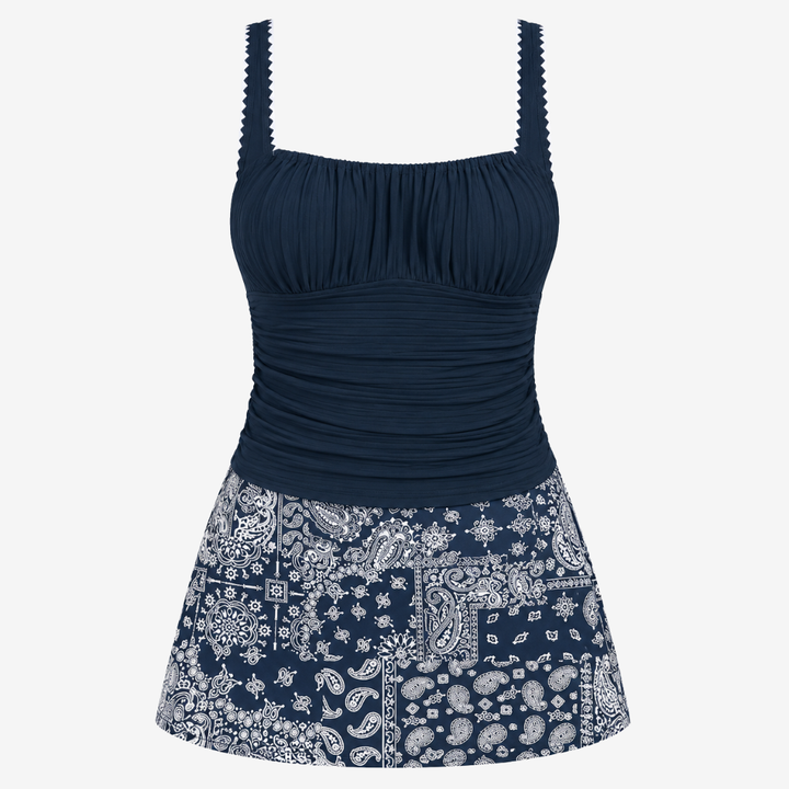 VALERIQUE | Ensemble Tankini Femme – Haut Froncé à Col Carré avec Jupe de Bain Fleurie