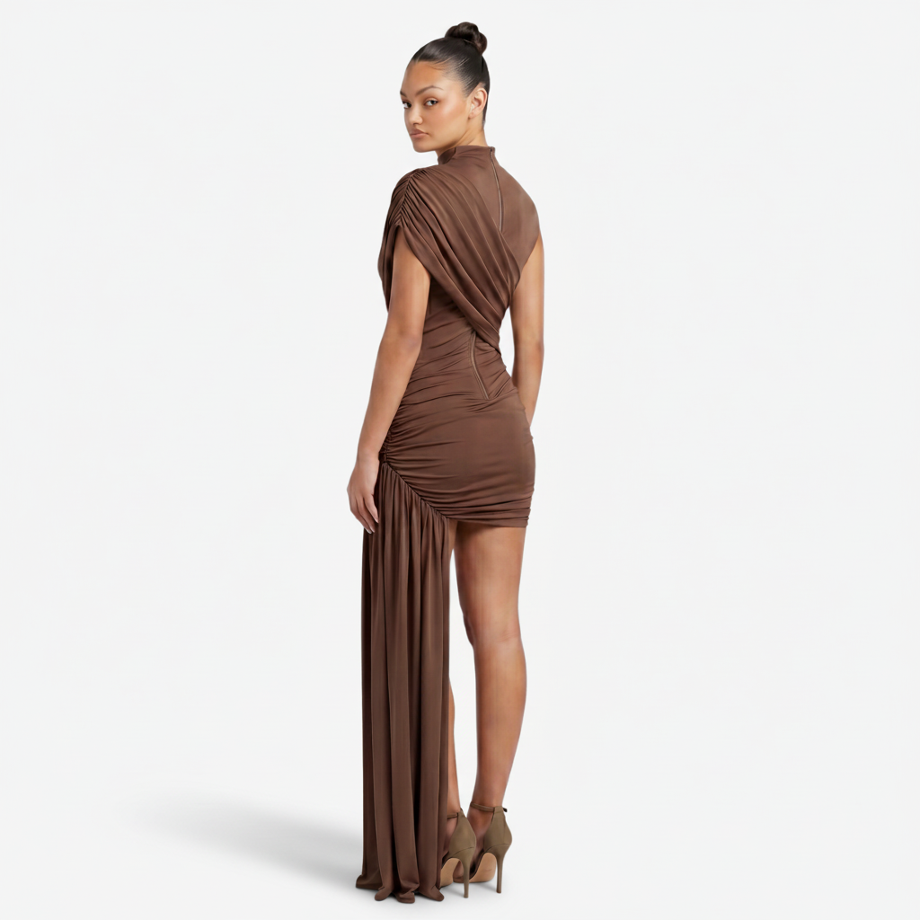 VALERIQUE | Femme Robe Formelle Gaine en Mélange de Coton Beige et Brun, Col Montant, Manches Sans Manches