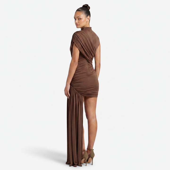 VALERIQUE | Femme Robe Formelle Gaine en Mélange de Coton Beige et Brun, Col Montant, Manches Sans Manches