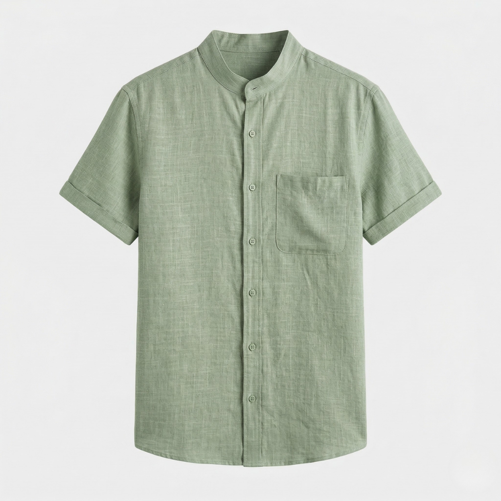 VALERIQUE | Homme chemise sauge en lin à manches courtes avec col officier et fermeture boutonnée pour usage quotidien