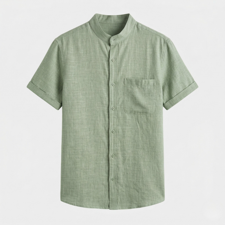 VALERIQUE | Homme chemise sauge en lin à manches courtes avec col officier et fermeture boutonnée pour usage quotidien