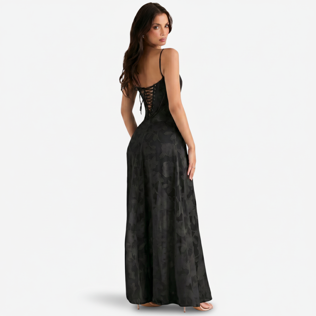 VALERIQUE | Femme Robe Longue Brodée Florale pour - Rose Poudré et Noir