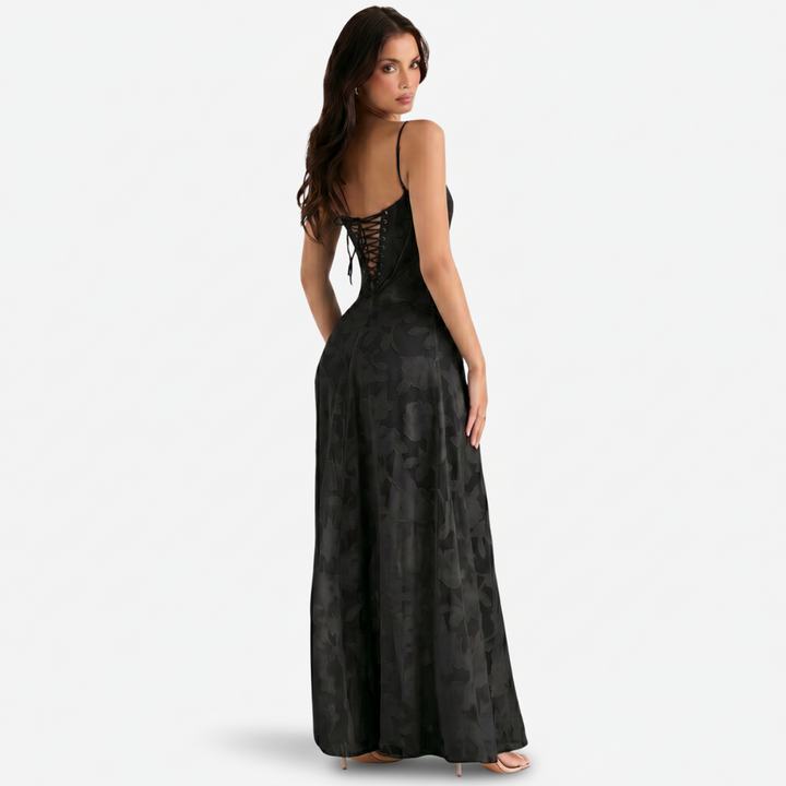 VALERIQUE | Femme Robe Longue Brodée Florale pour - Rose Poudré et Noir