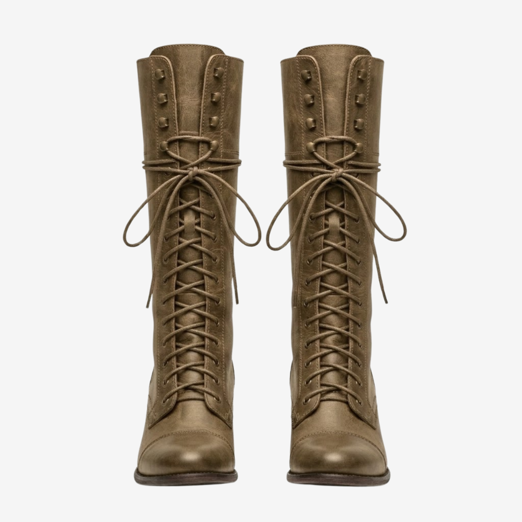 VALERIQUE | Femme bottes hautes café à lacets avec talon bloc et bout rond