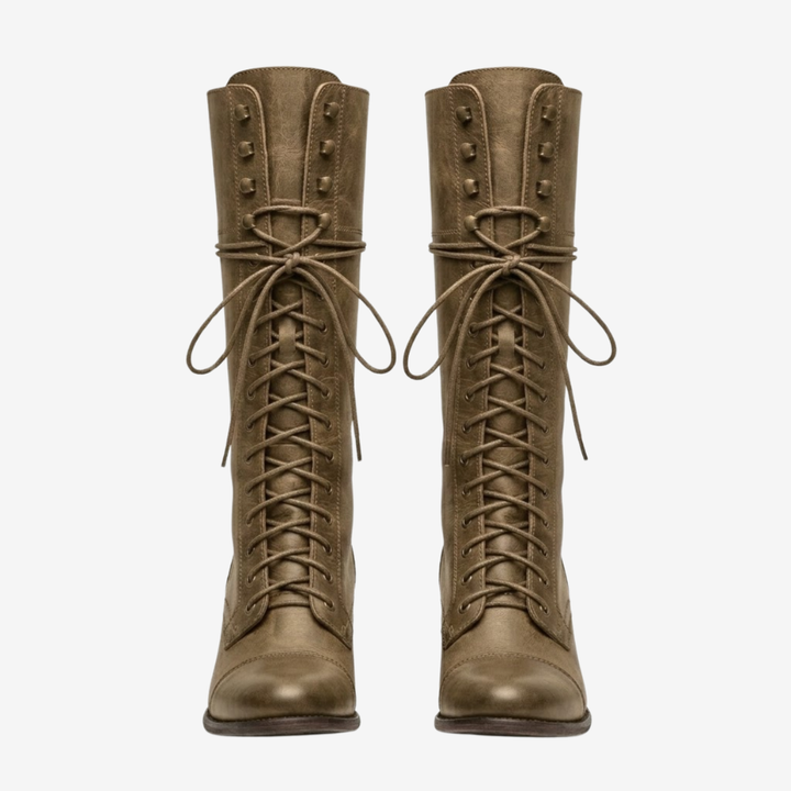 VALERIQUE | Femme bottes hautes café à lacets avec talon bloc et bout rond