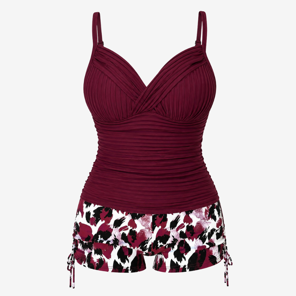 VALERIQUE | Ensemble Tankini Femme – Haut Gainant Froncé avec Bas Shorty Imprimé