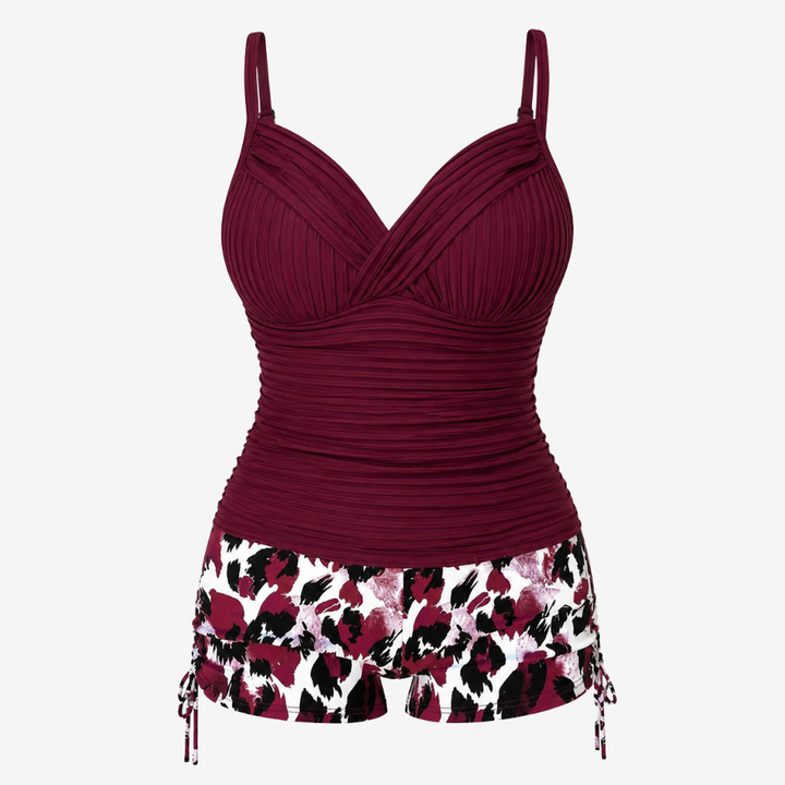 VALERIQUE | Ensemble Tankini Femme – Haut Gainant Froncé avec Bas Shorty Imprimé