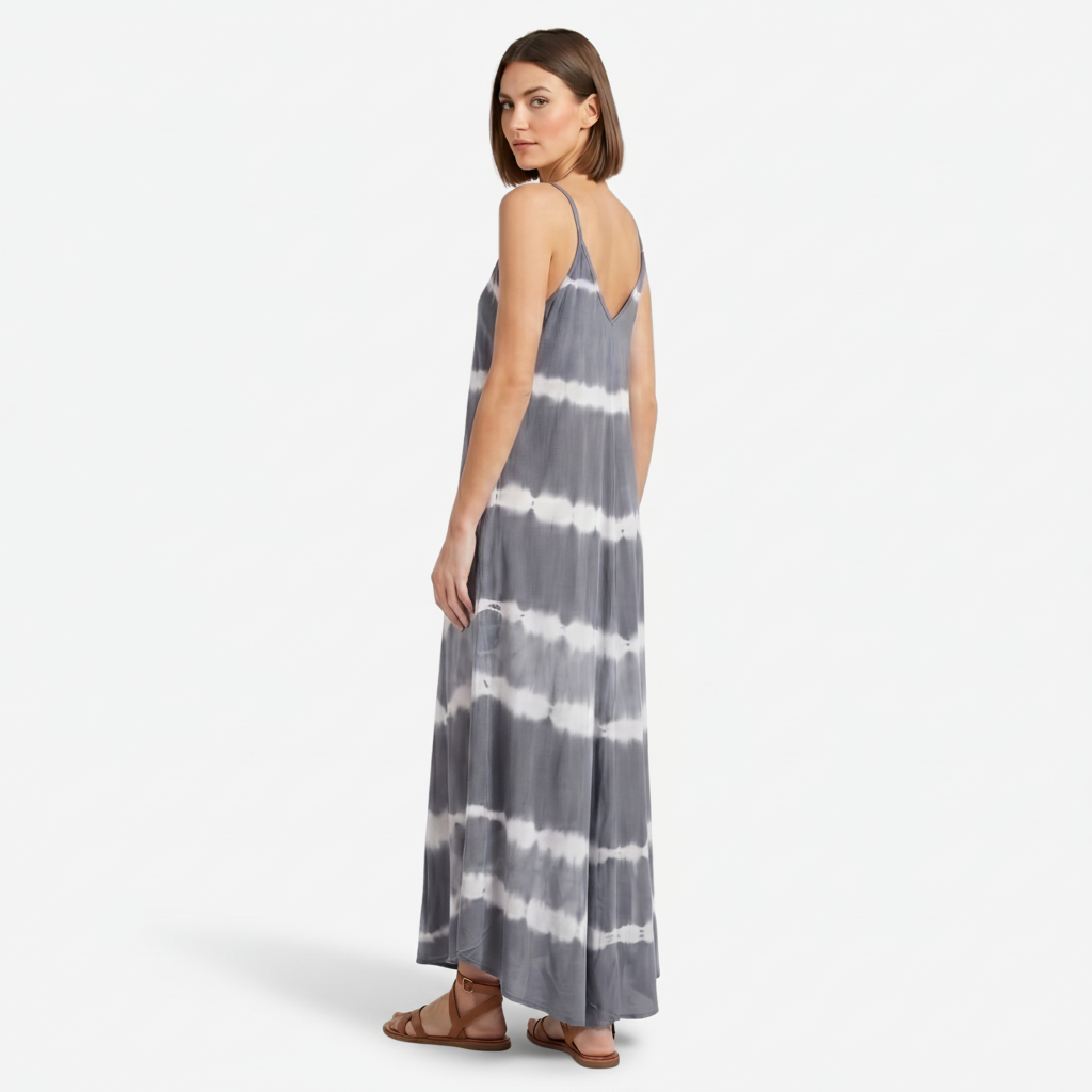 VALERIQUE | Femme Robe Maxi Décontractée Tie-Dye en Mélange de Coton Bleu et Gris, Bretelles Fines, Col en V Profond