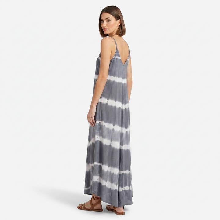 VALERIQUE | Femme Robe Maxi Décontractée Tie-Dye en Mélange de Coton Bleu et Gris, Bretelles Fines, Col en V Profond