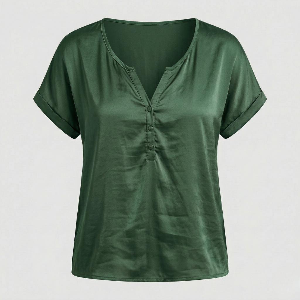 VALERIQUE | Femme blouse satinée à manches courtes avec col ouvert et patte boutonnée pour usage quotidien