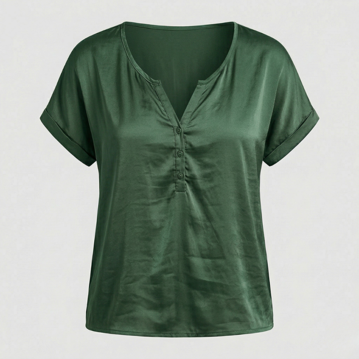 VALERIQUE | Femme blouse satinée à manches courtes avec col ouvert et patte boutonnée pour usage quotidien