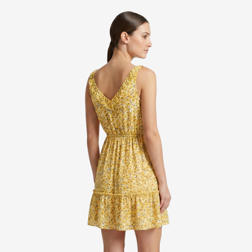 VALERIQUE | Femme Robe Enveloppante Décontractée en Mélange de Coton Orange et Jaune, Bretelles Ajustables, Taille Marquée