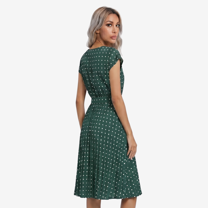 VALERIQUE | Femme Robe Décontractée A-Line en Mélange de Coton Bleu et Vert, Manches Courtes, Ceinture à Nouer