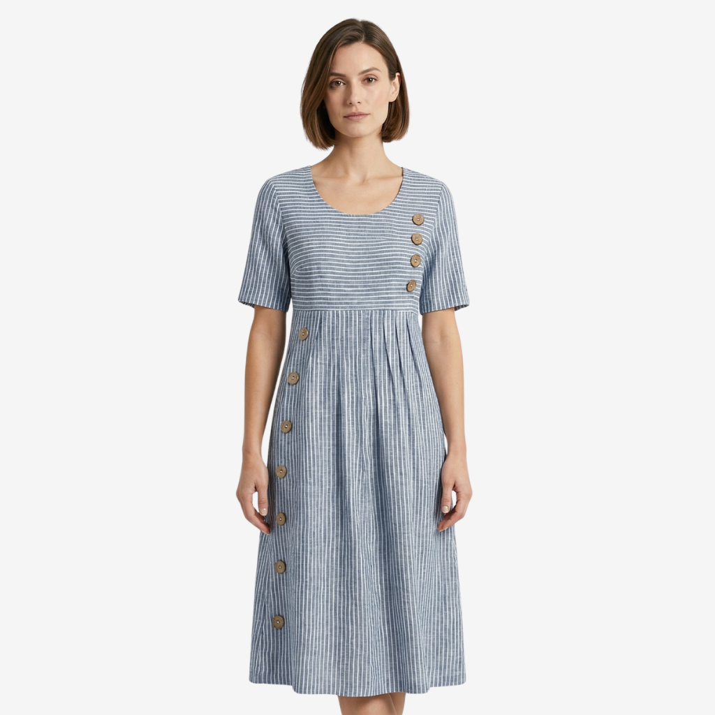 VALERIQUE | Femme Robe en lin coupe évasée manches courtes style décontracté