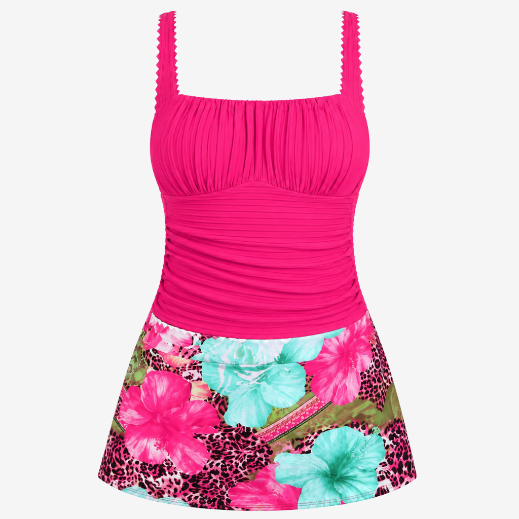 VALERIQUE | Ensemble Tankini Femme – Haut Froncé à Col Carré avec Jupe de Bain Fleurie