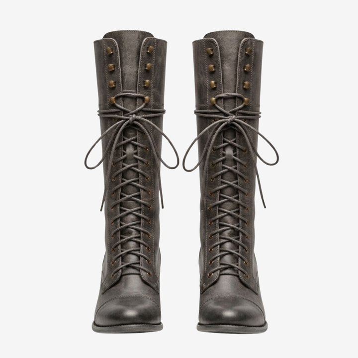 VALERIQUE | Femme bottes hautes café à lacets avec talon bloc et bout rond