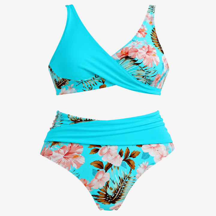 VALERIQUE | Ensemble Bikini Femme Croisé Fleuri – Maillot de Bain Deux Pièces Taille Haute