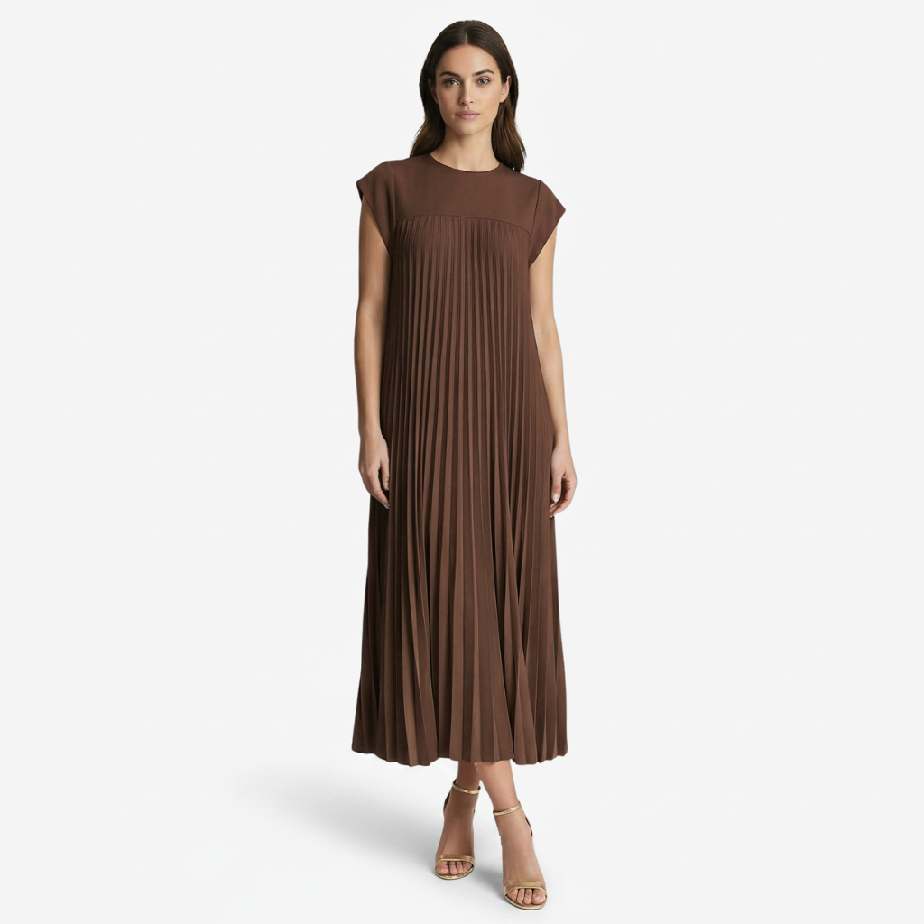 VALERIQUE | Femme Robe midi plissée coupe ample manches courtes style décontracté