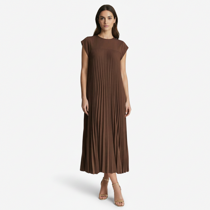 VALERIQUE | Femme Robe midi plissée coupe ample manches courtes style décontracté